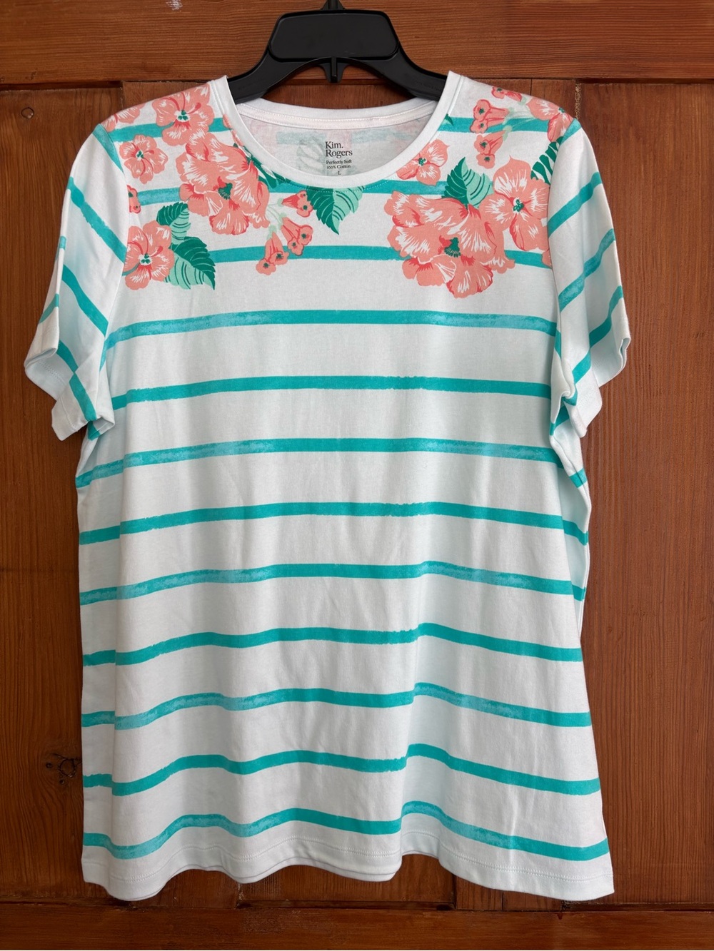 Kim Rogers White Tee with Teal Stripes & Coral Floral Yoke Size Large